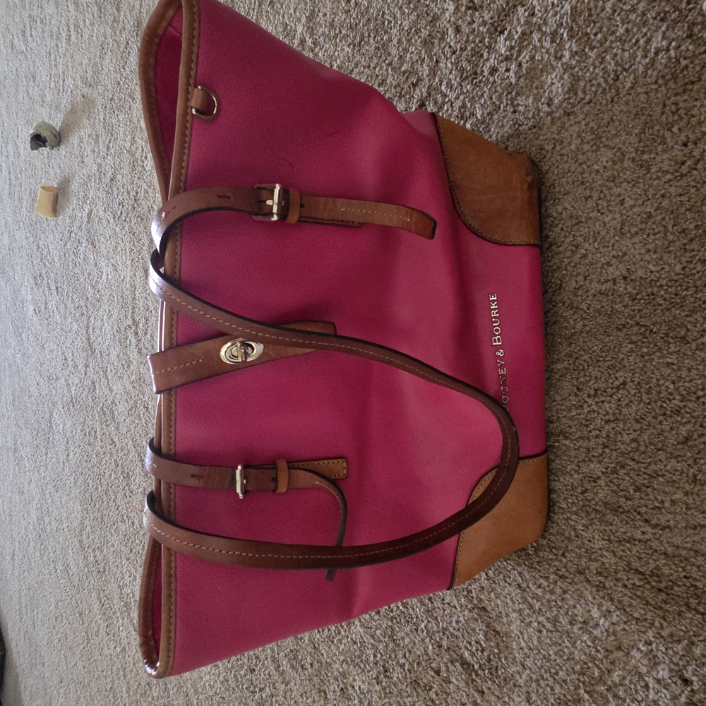 Dooney & Bourke Pink and Brown Tote with Gold Hardware